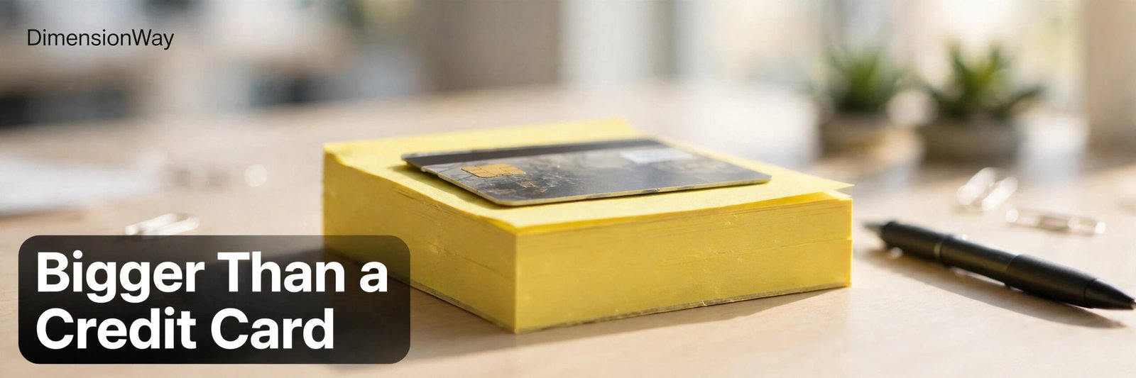 A yellow 3x3 inch sticky note pad with a credit card placed on top for scale.