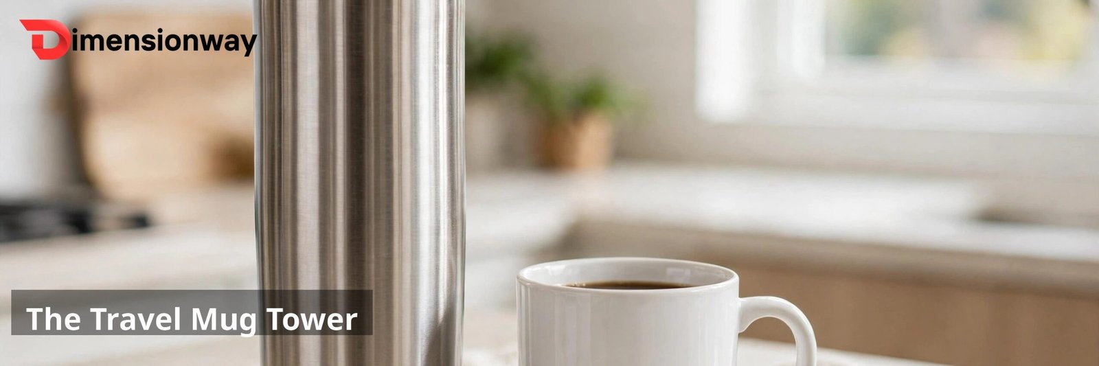 A tall stainless steel travel mug with a lid next to a short standard white ceramic mug.