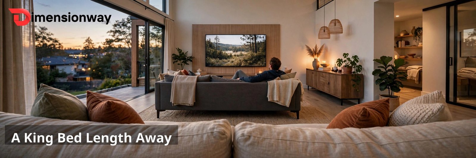 Sofa facing a 55 inch TV from across the living room.