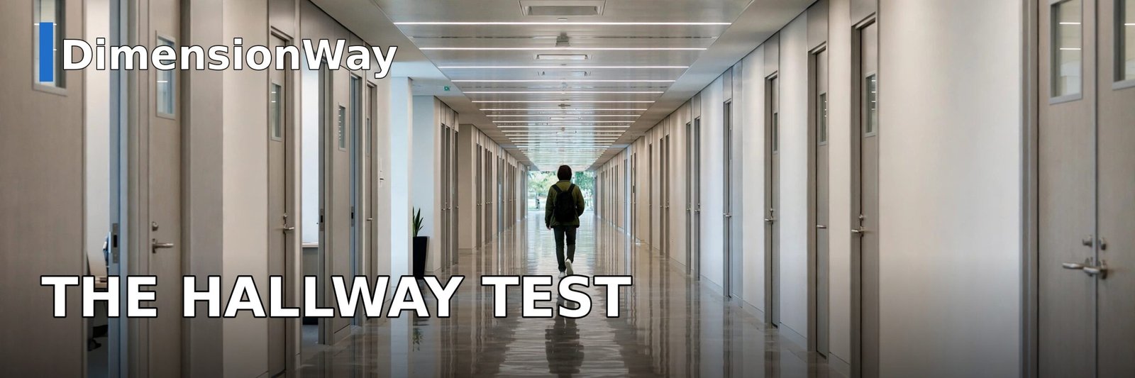 Person walking down a long office hallway to visualize 100 feet while walking