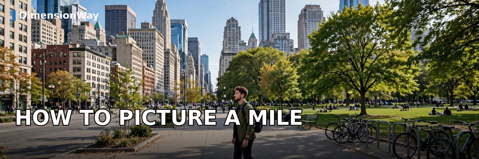 Person walking on a city sidewalk picturing a mile with downtown buildings
