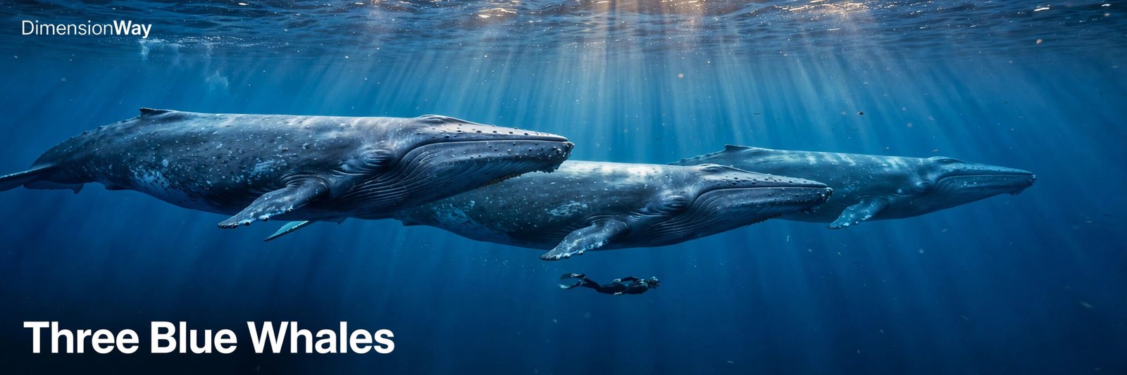 Person walking alongside three blue whales lined up nose to tail for scale.