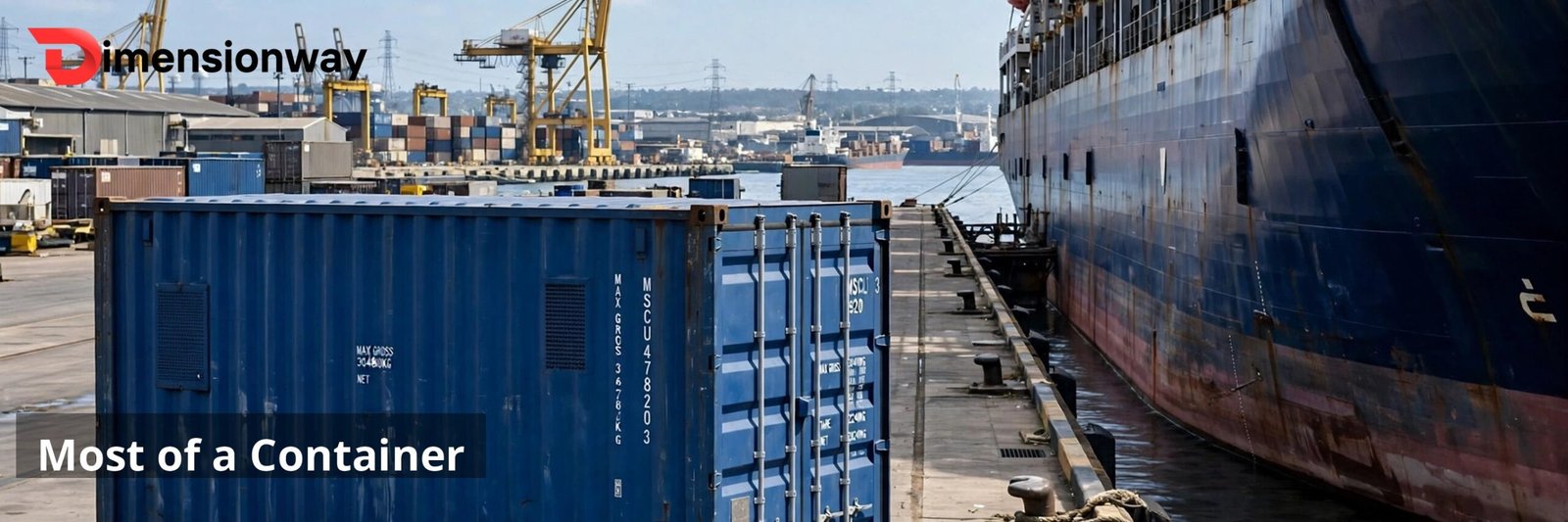 A blue 20-foot shipping container sitting on a dock.
