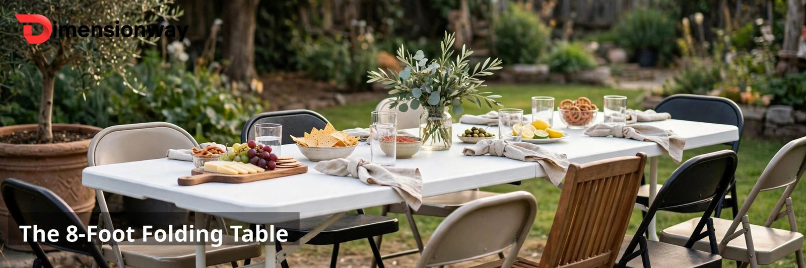 A long white 8-foot plastic folding table set up at an outdoor party with chairs.