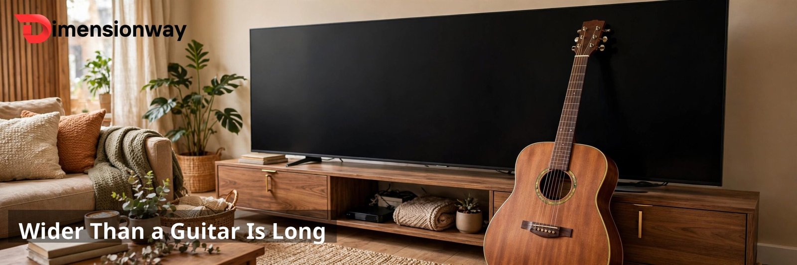 Acoustic guitar leaning against a 55 inch TV.