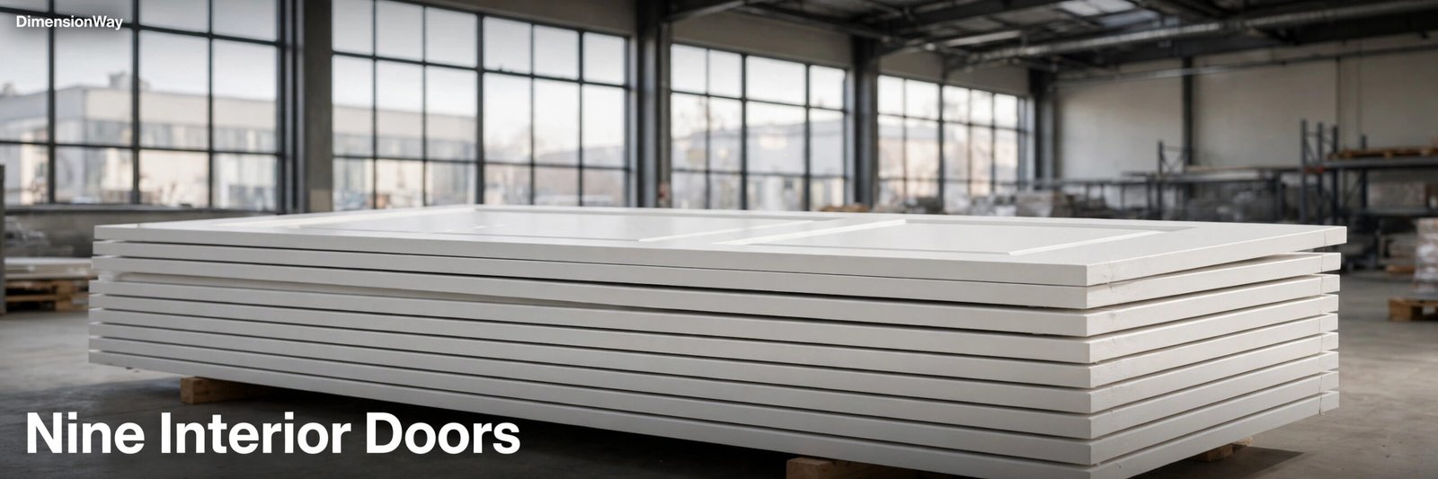 Nine white interior doors stacked like lumber, totaling 60 feet.