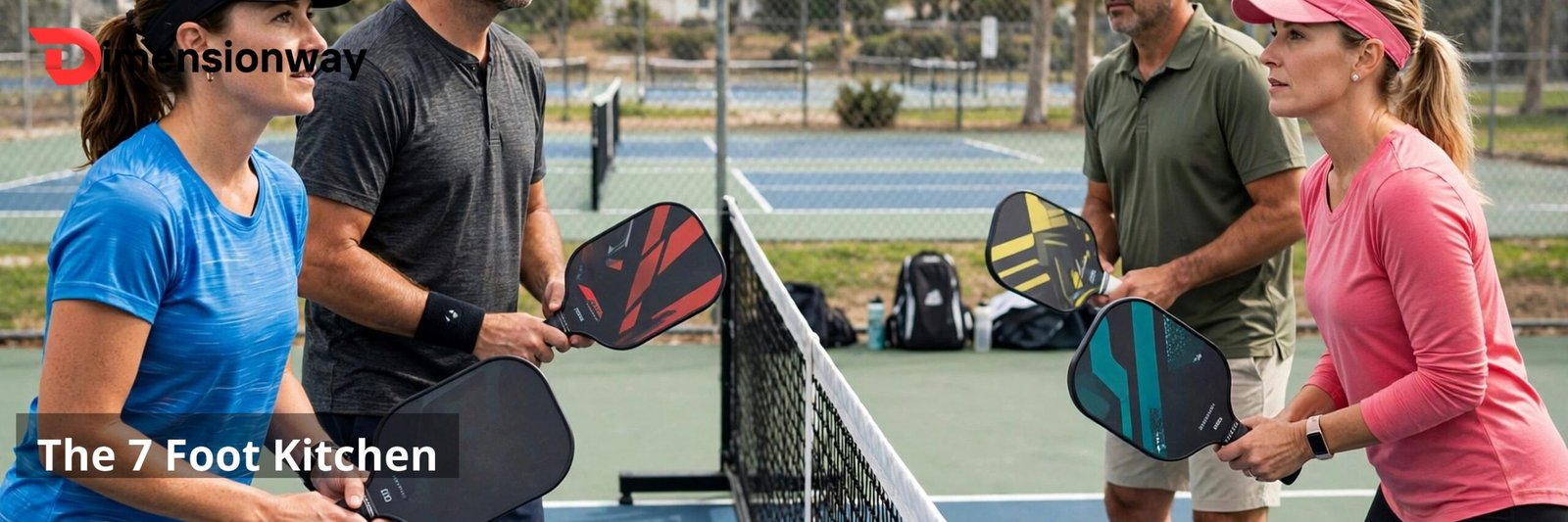 Players standing at the kitchen line on a pickleball court.