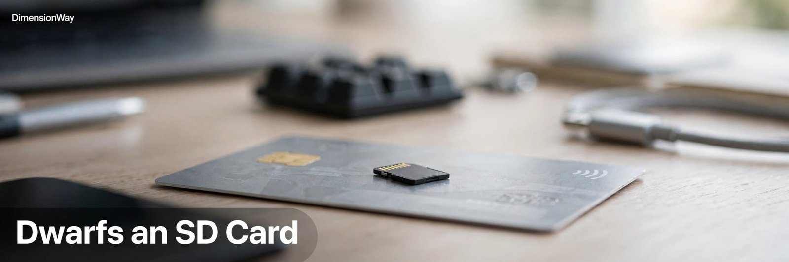 A tiny SD memory card placed on top of a large credit card on a tech desk.