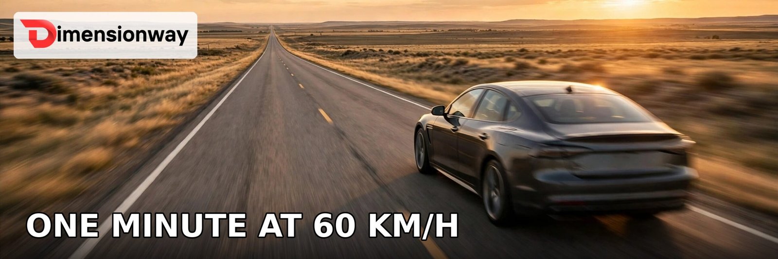 Car on an open highway showing one minute of driving at 60 kilometers per hour equals one kilometer