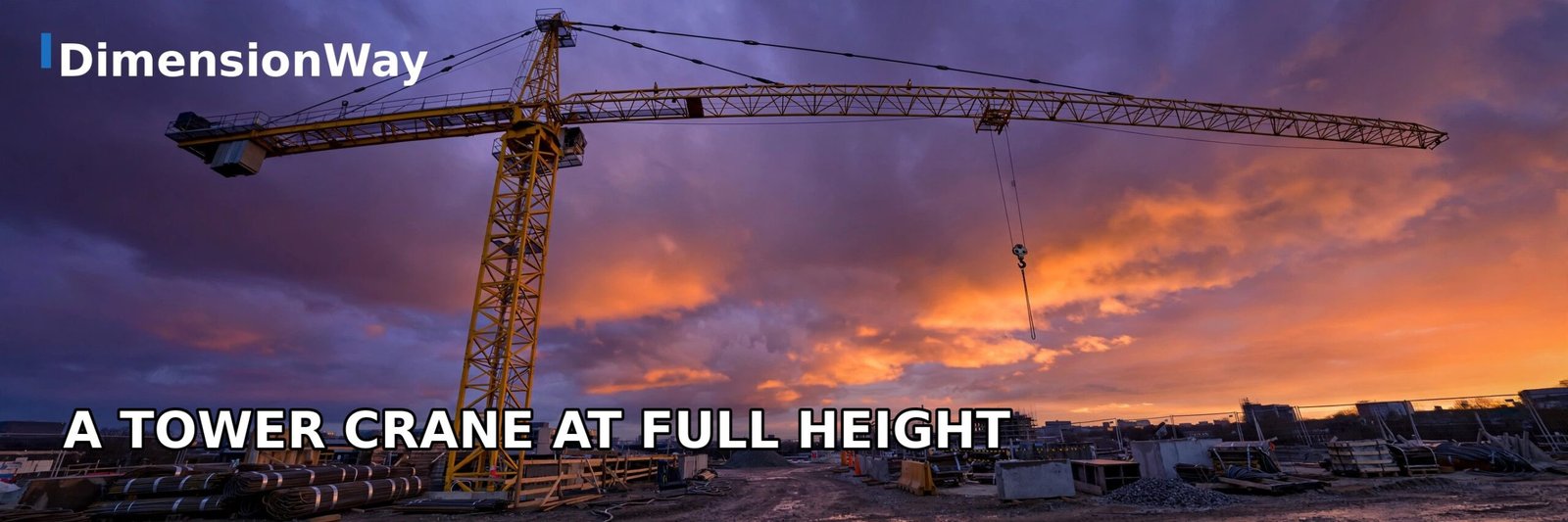 Yellow tower crane on a construction site at dusk, photographed from below.