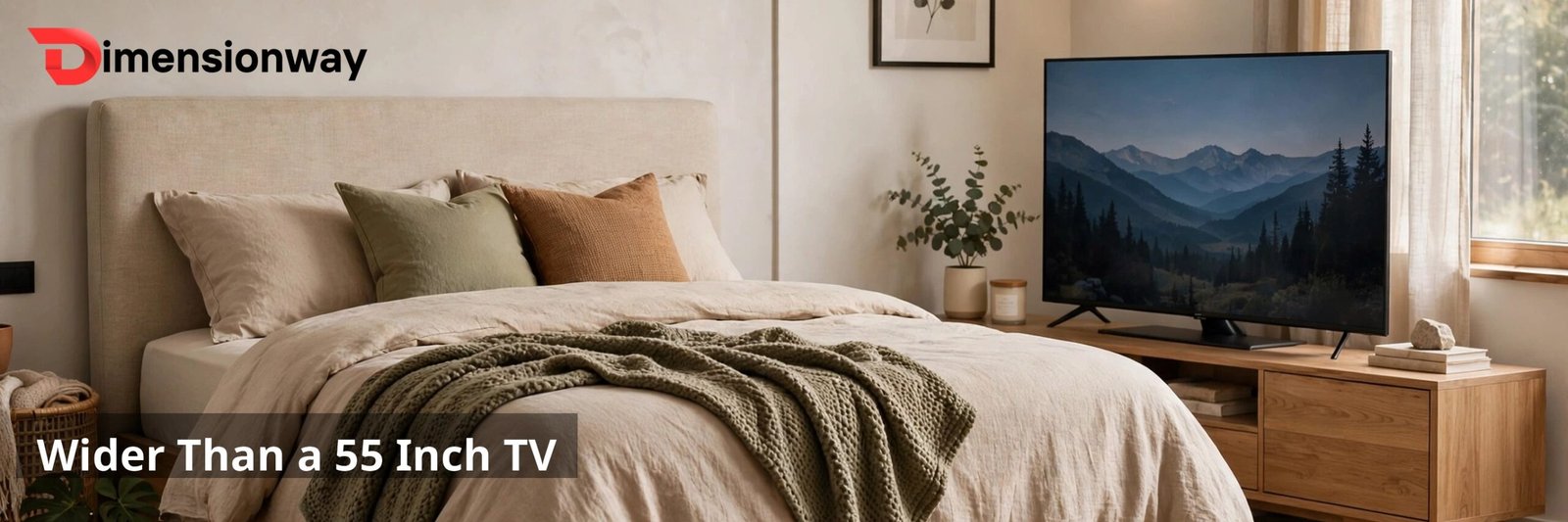A queen bed beside a 55 inch TV showing the width comparison.