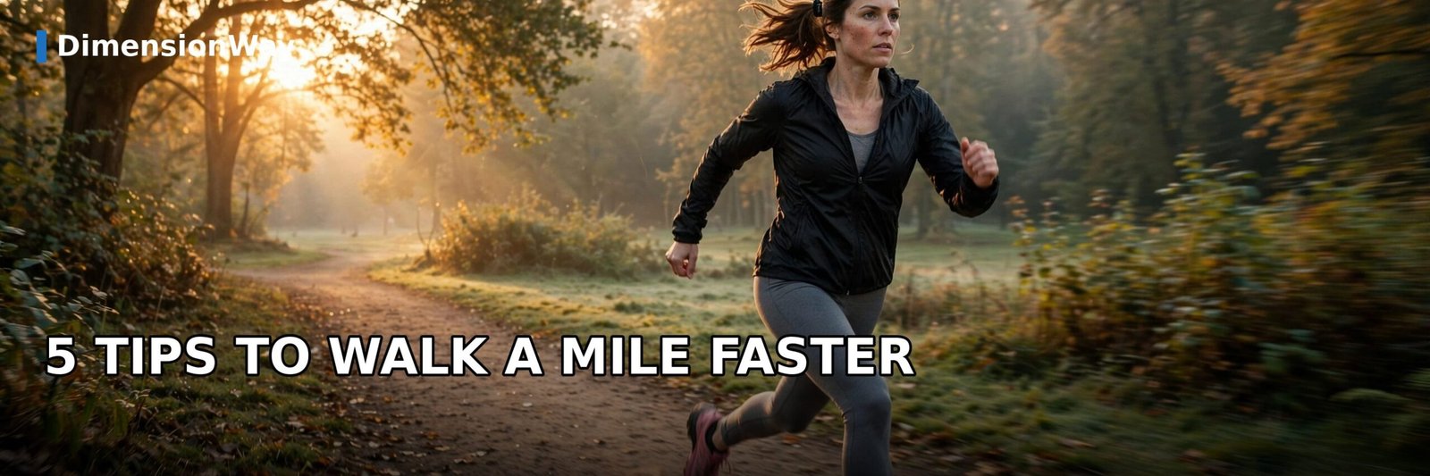 Woman power walking briskly on a park trail at sunrise with tips to walk faster