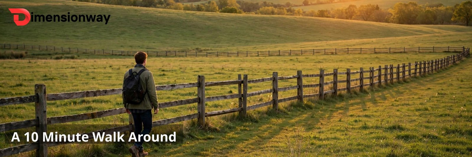 A person walking along a fence line across open fields.