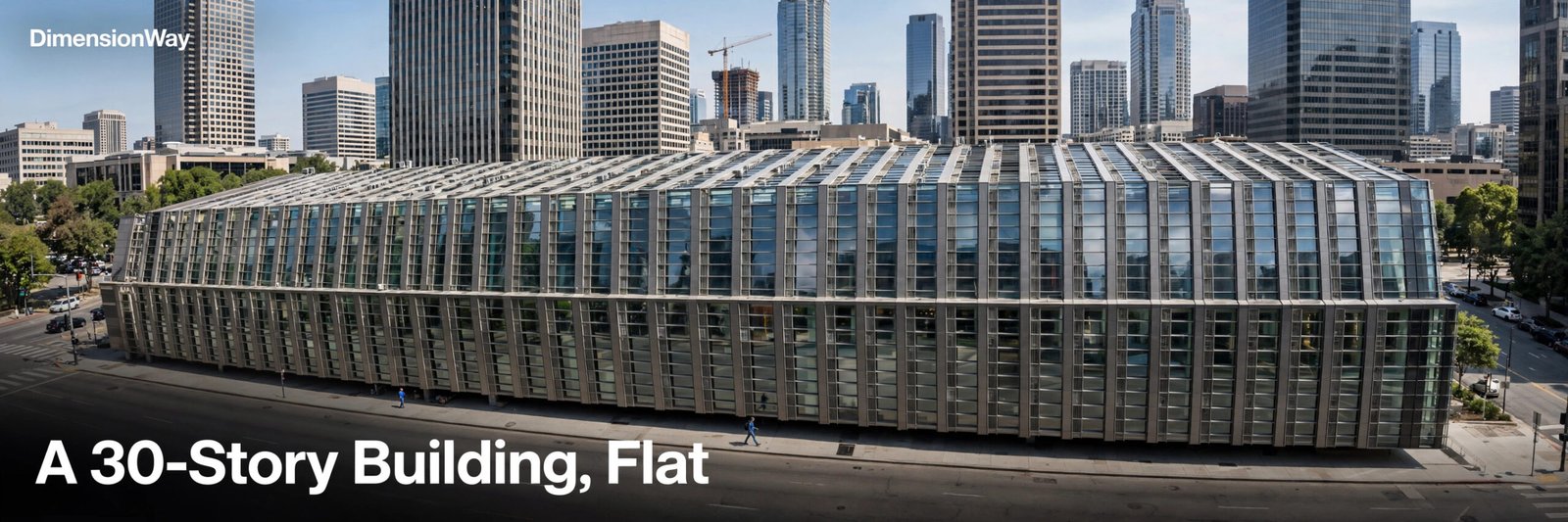 Person walking alongside a 30-story office building imagined lying on its side.