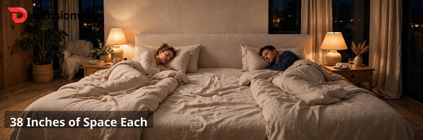 A couple sleeping comfortably in a wide king bed with generous space between them.