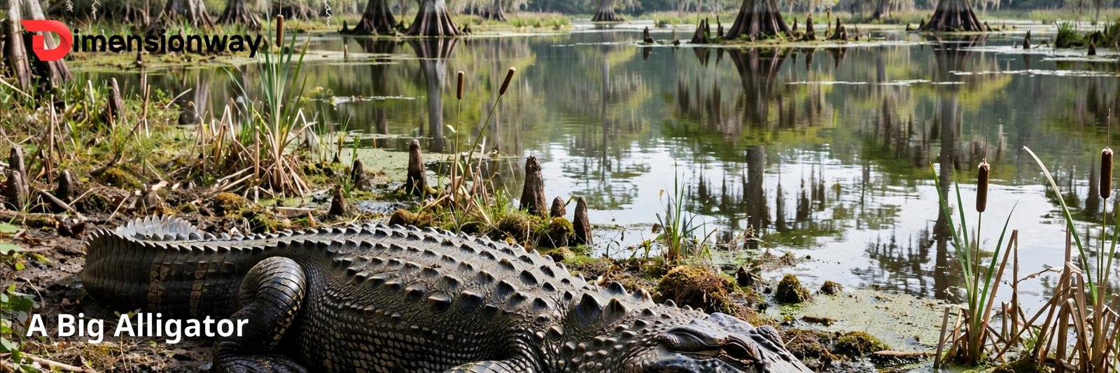 An American alligator resting at the edge of a swamp.
