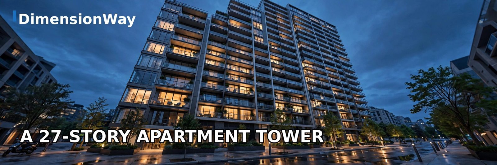 Modern 27-story apartment tower with lit windows at blue hour.