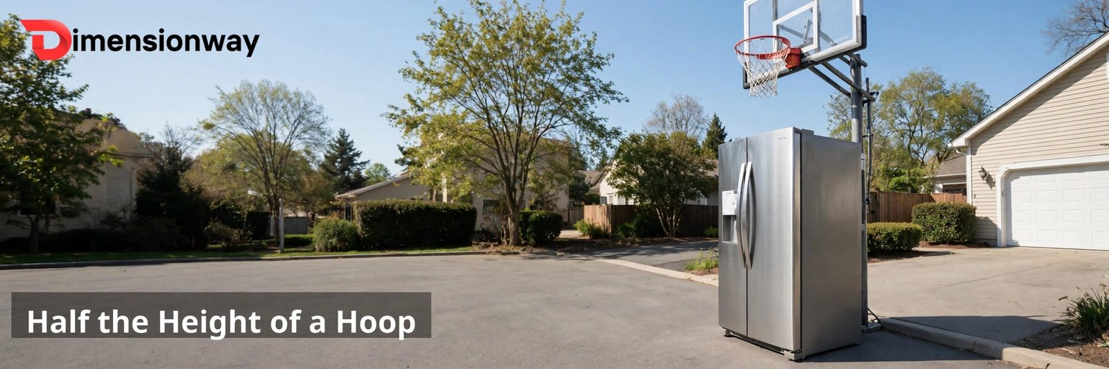 Refrigerator standing beside a basketball hoop in a driveway.