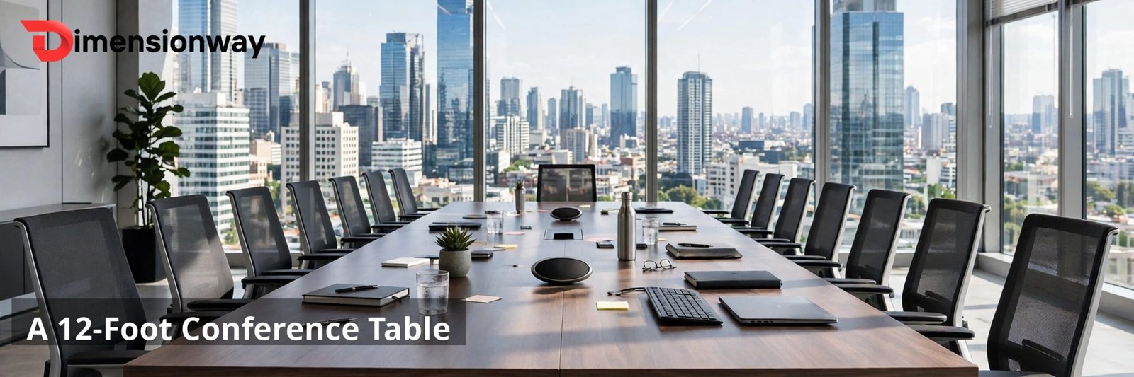 A long 12-foot conference table in a modern boardroom.