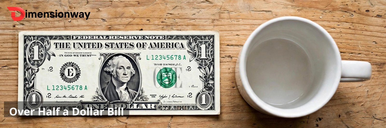 A US dollar bill lying flat next to a white ceramic coffee mug on a wooden table.