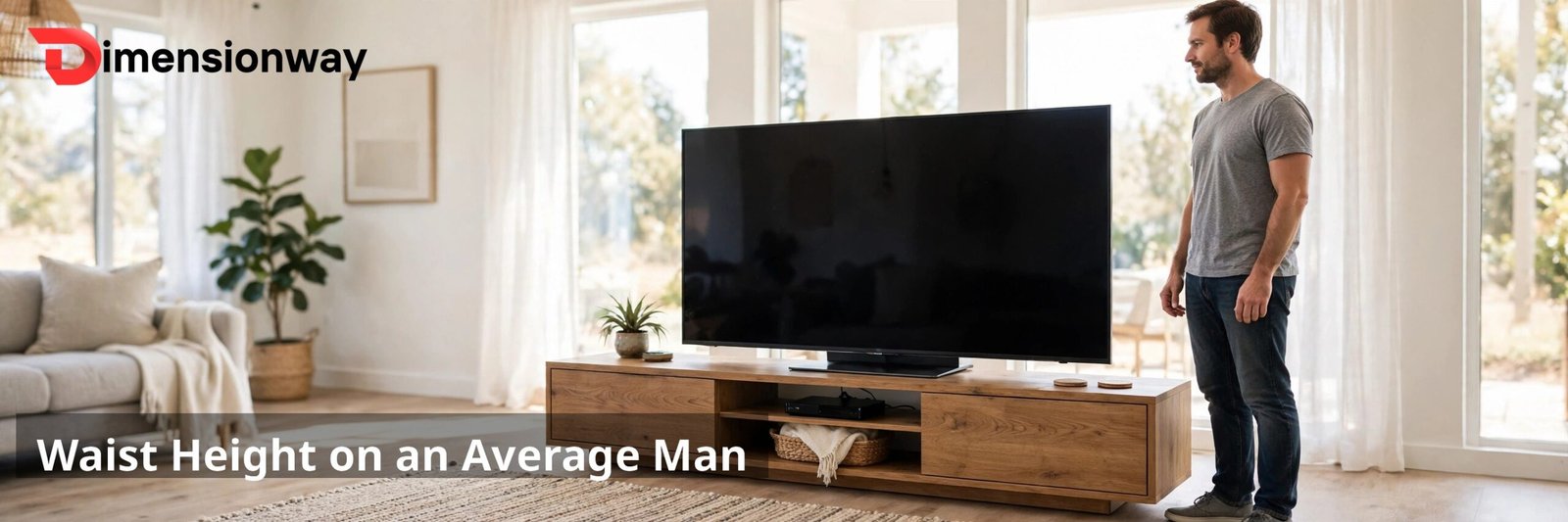 Average man standing next to a 55 inch TV on a console.