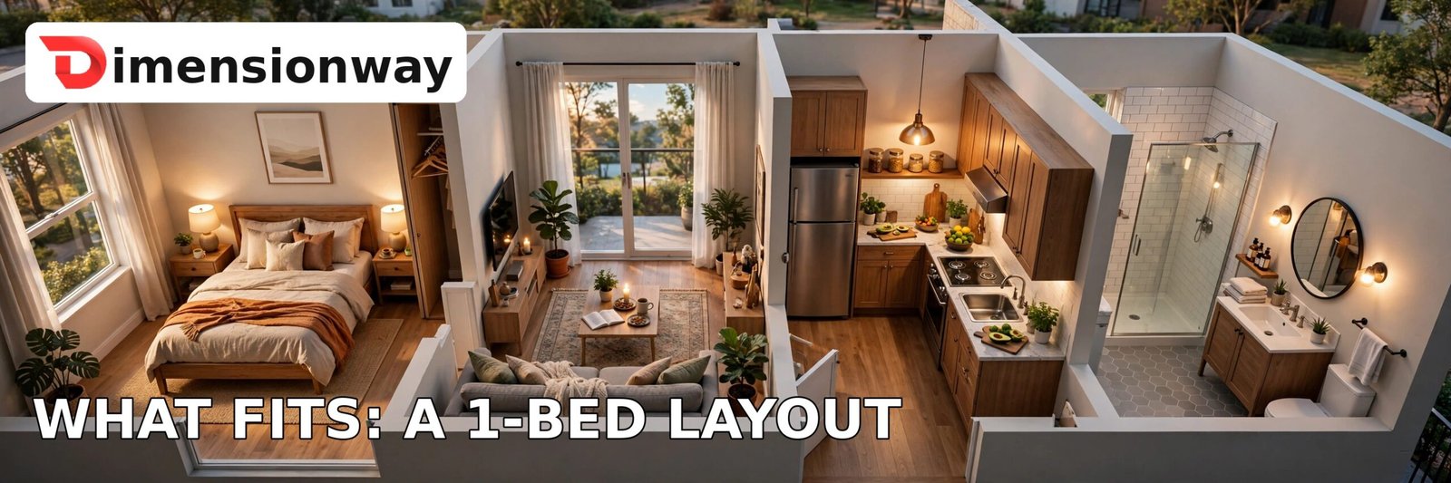 3D floor plan of a 500 square foot one-bedroom apartment