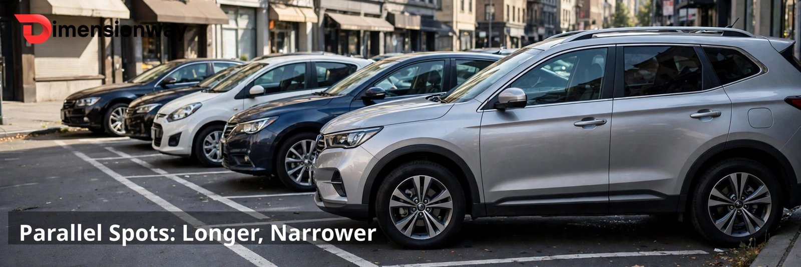 Cars parallel parked along a city street curb in marked parallel spaces.