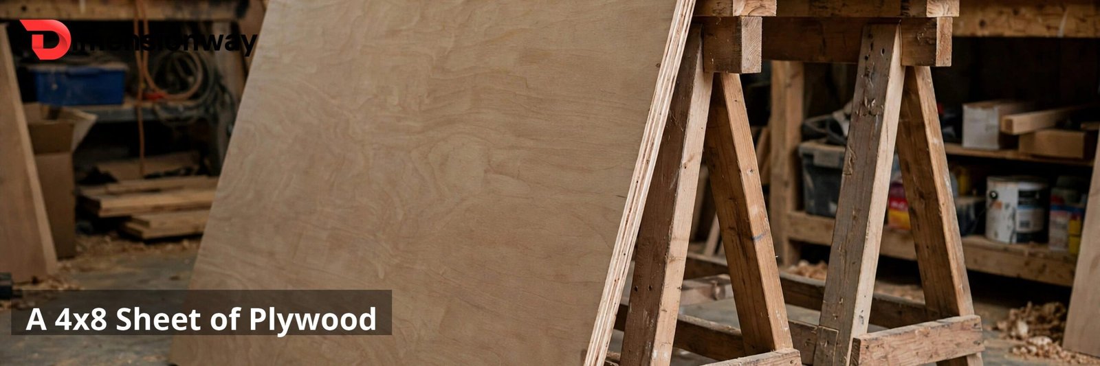 A 4x8 foot sheet of plywood on sawhorses in a workshop with a tape measure on top.