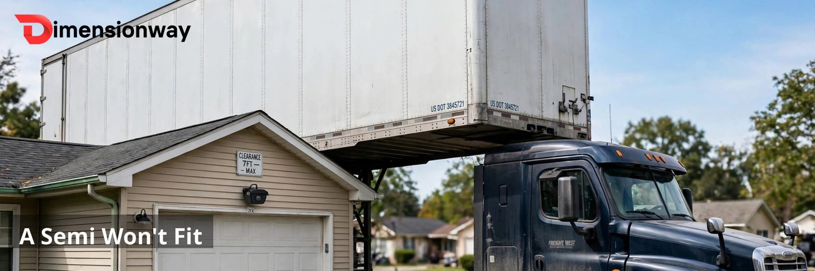 A semi trailer truck parked next to a residential garage, towering over the door.