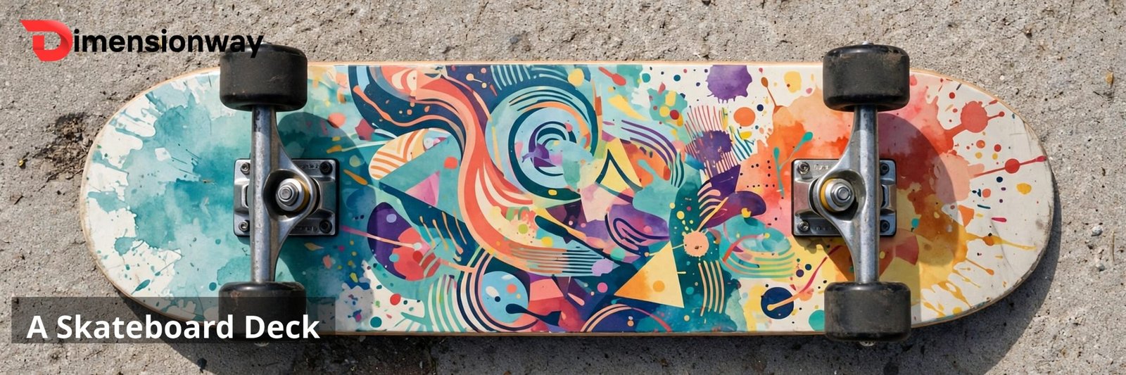 A skateboard seen from above on pavement.