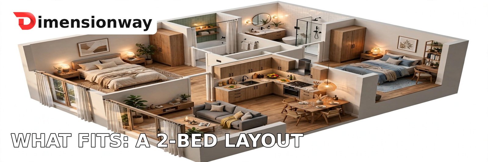 3D floor plan of a 1000 square foot two-bedroom apartment