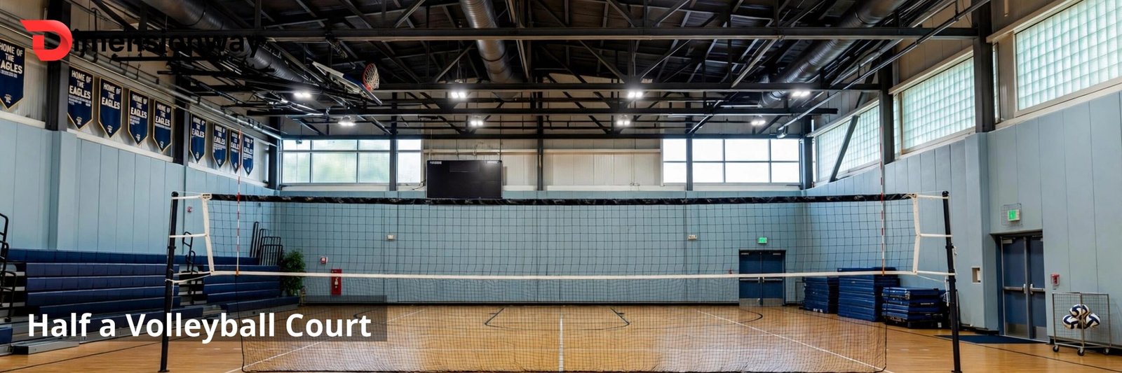 Indoor volleyball court with a high ceiling.
