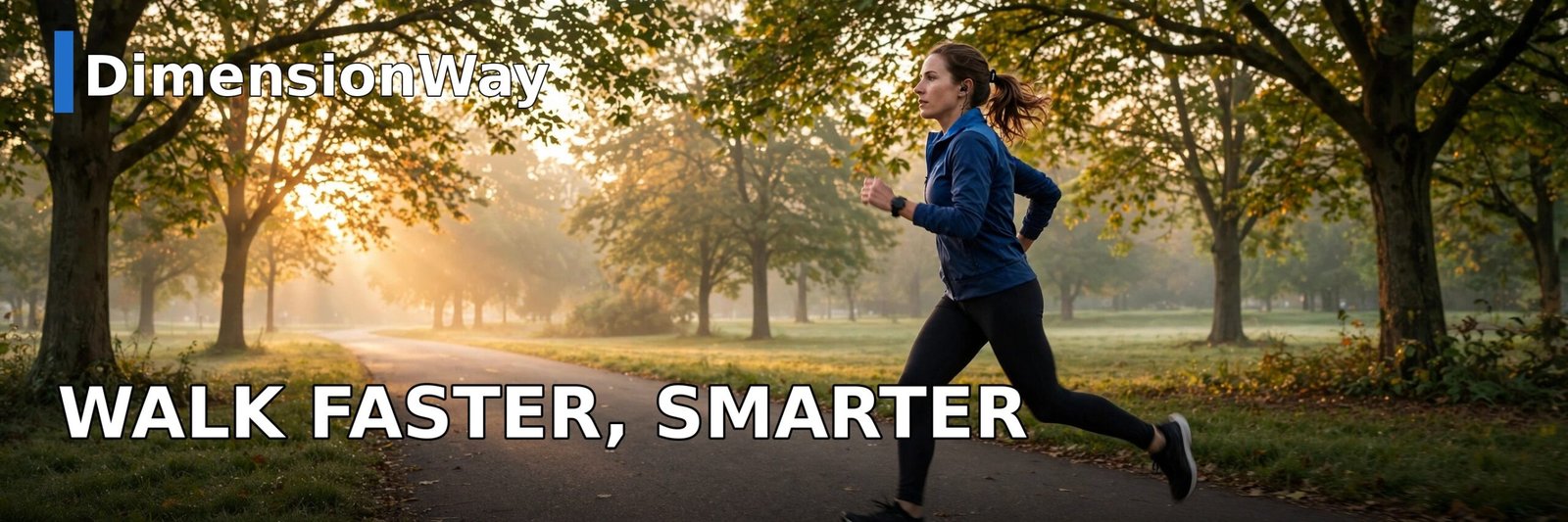 Woman power walking briskly on a park trail at sunrise with walking pace tips