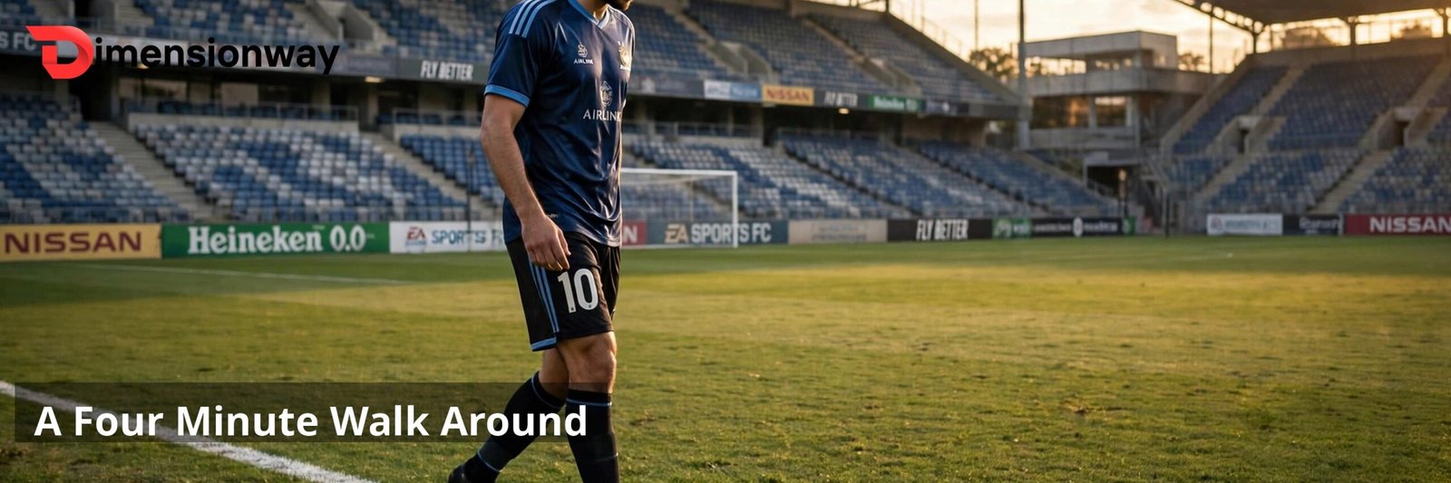 A player walking along the touchline of an empty pitch.