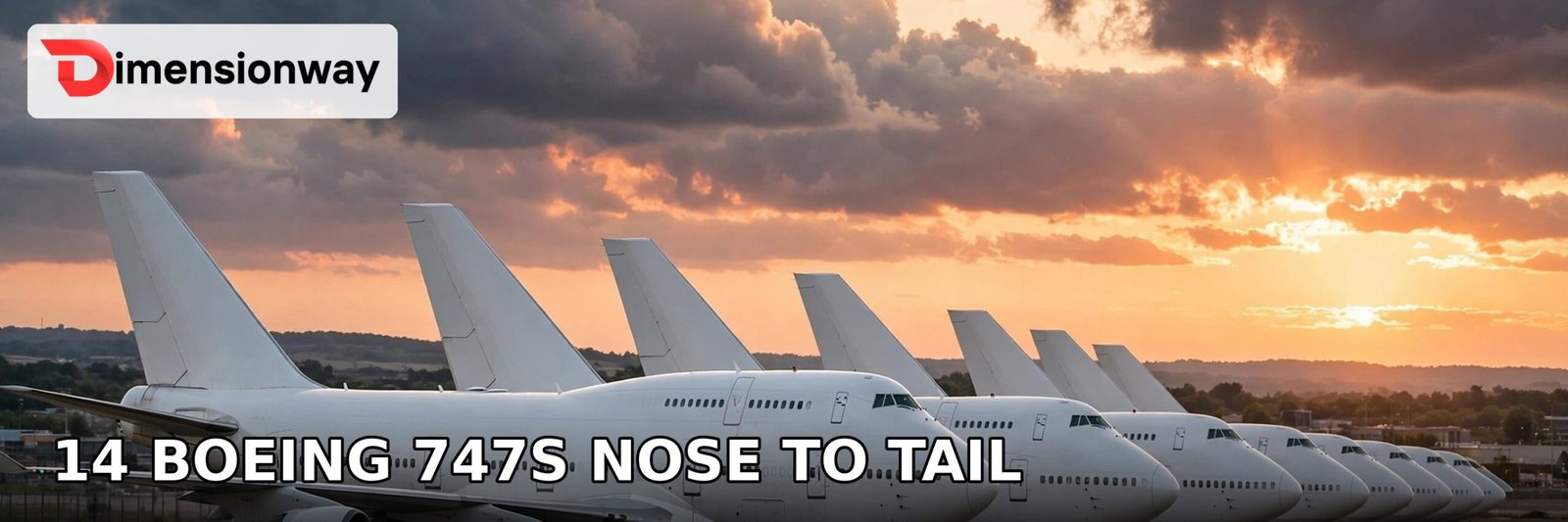 Boeing 747 jumbo jets showing fourteen parked nose to tail, just under one kilometer