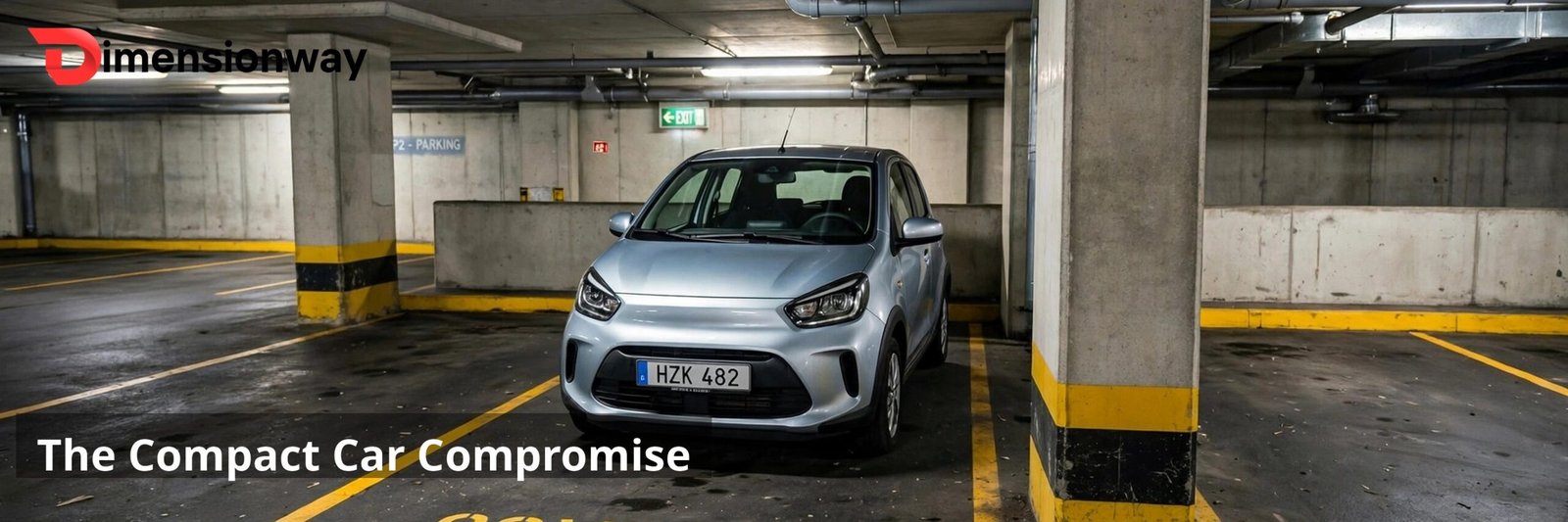 A compact car parked in a narrow parking space marked COMPACT in a parking garage.