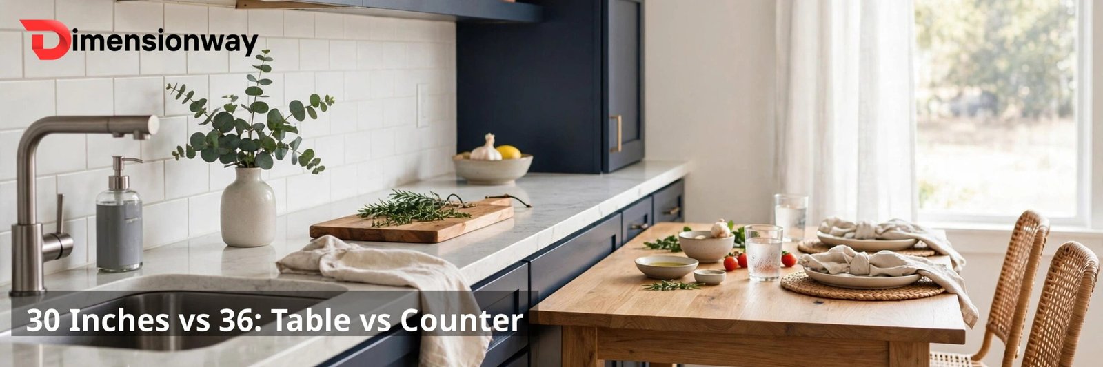 A kitchen counter next to a dining table, side view showing the height difference in a bright kitchen.