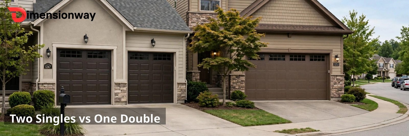 Two single garage doors side by side next to one wide double garage door.