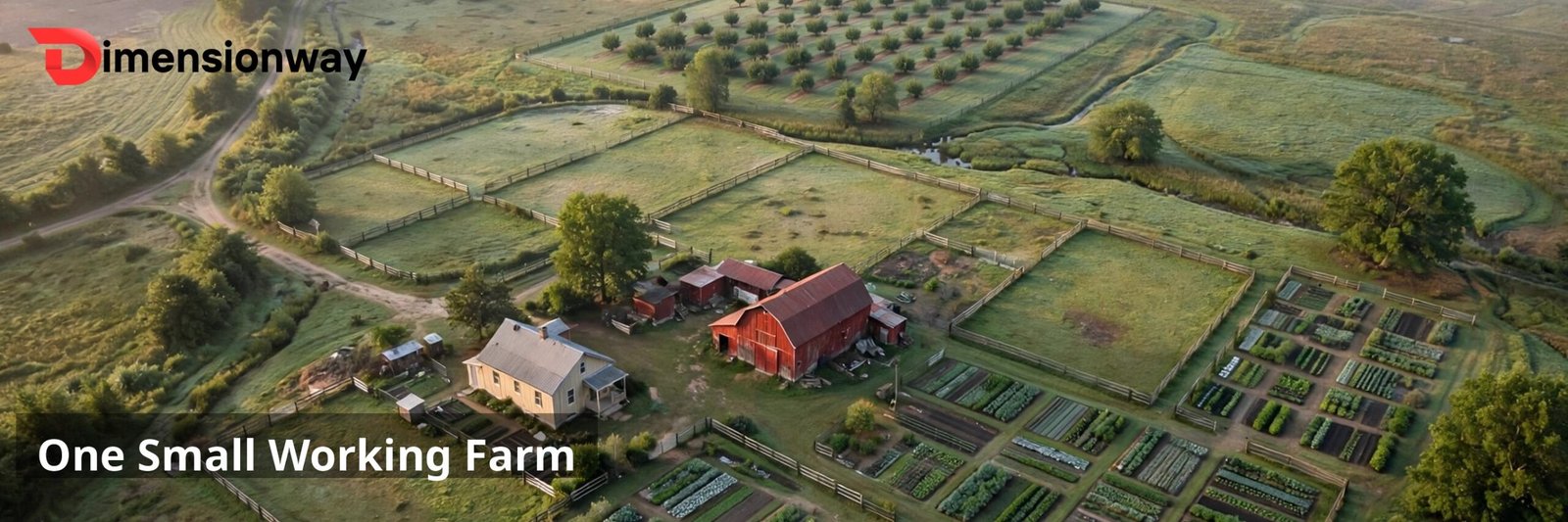 A small farmhouse with barn, fields, and fences from above.