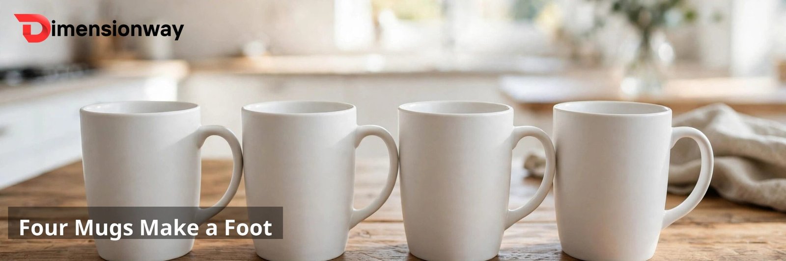 Four identical white ceramic coffee mugs lined up in a row with a ruler in front.