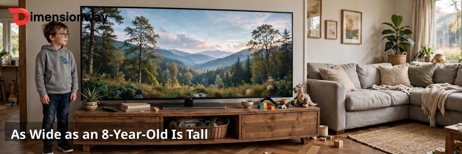 Child standing next to a 55 inch TV showing the width.