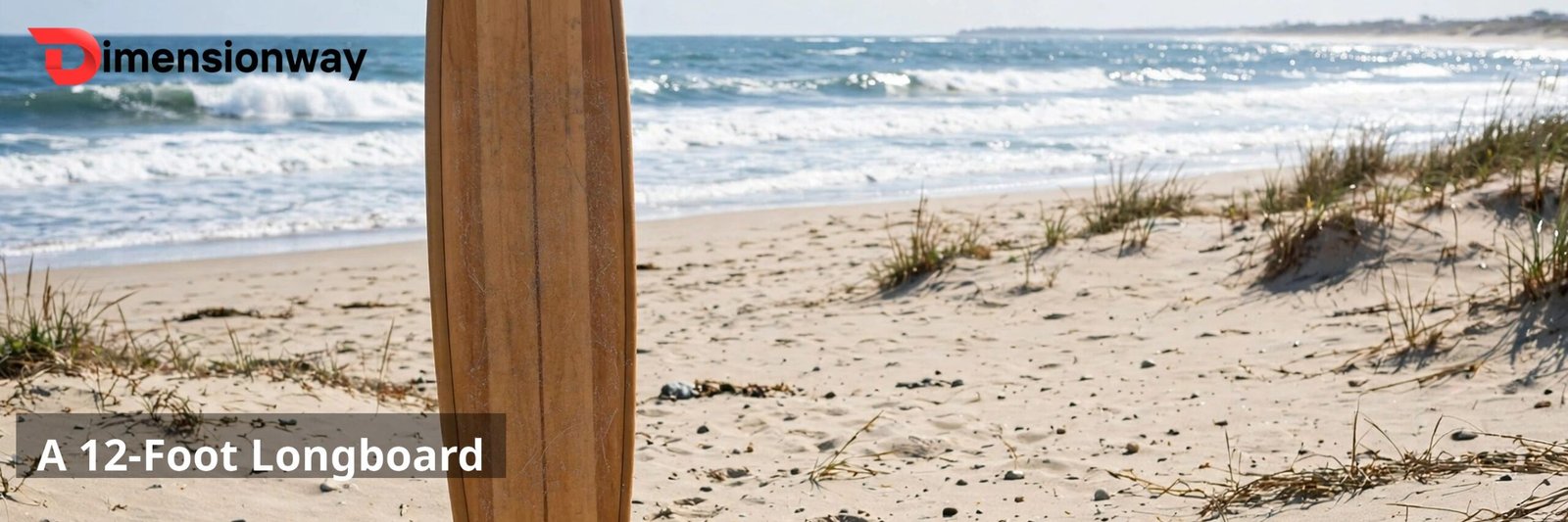 A 12-foot longboard surfboard standing on a beach.