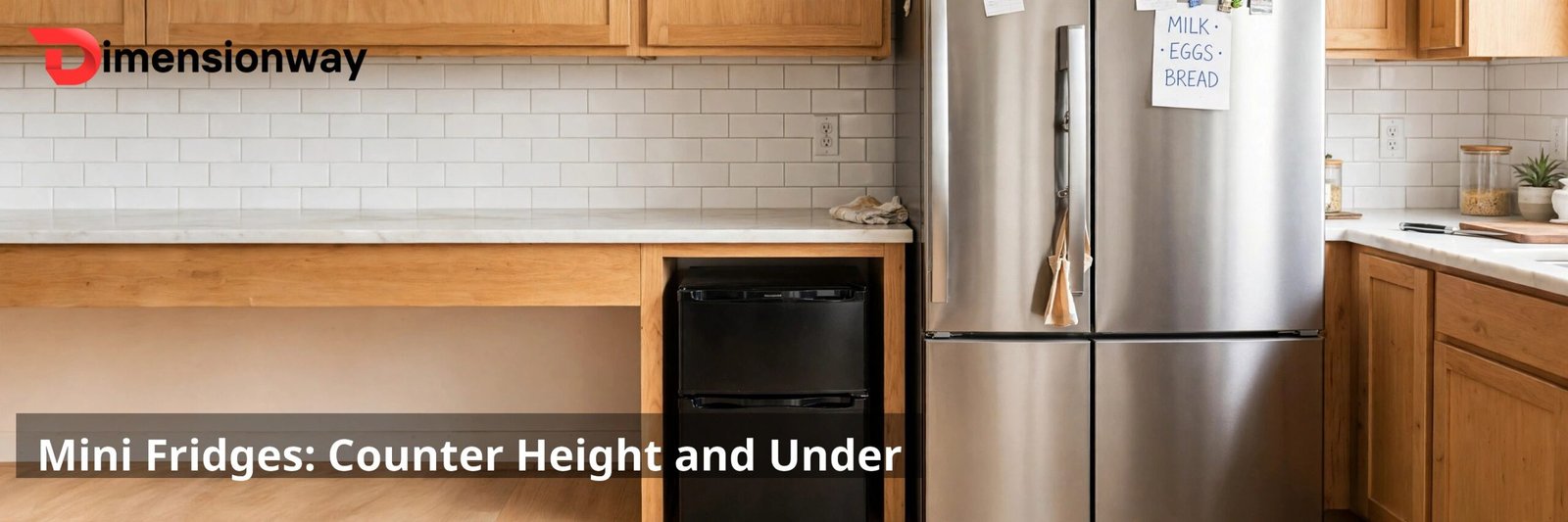 A small dorm mini fridge under a kitchen counter.