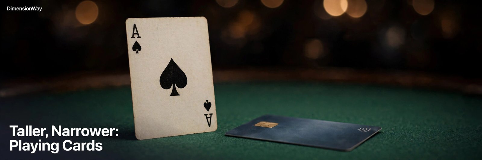 A poker playing card standing next to a credit card on a green felt casino table.