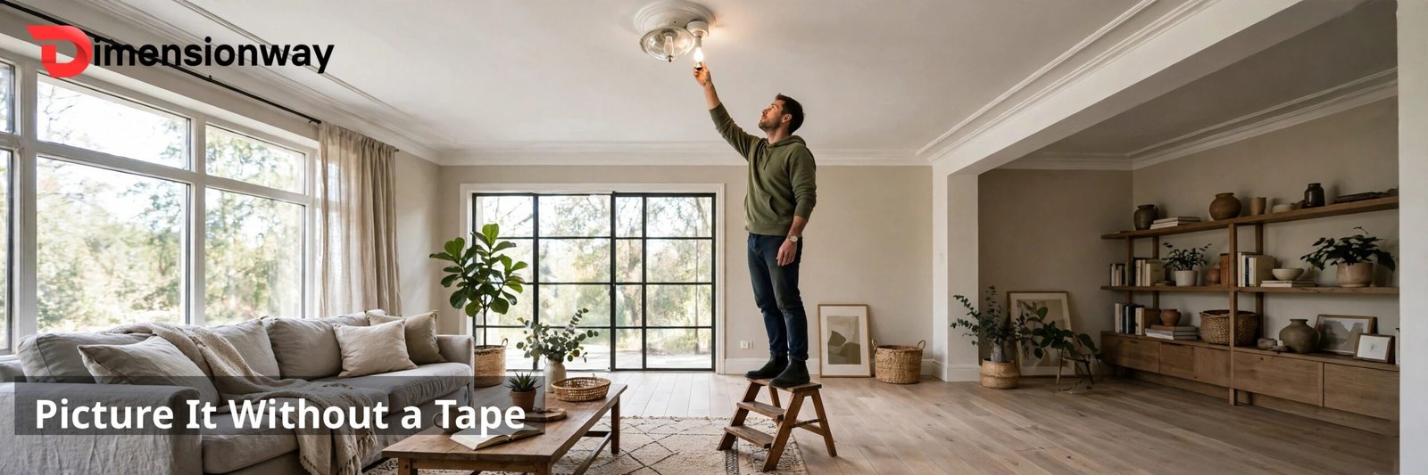 A man standing on a step stool changing a light bulb in an 8 foot ceiling.