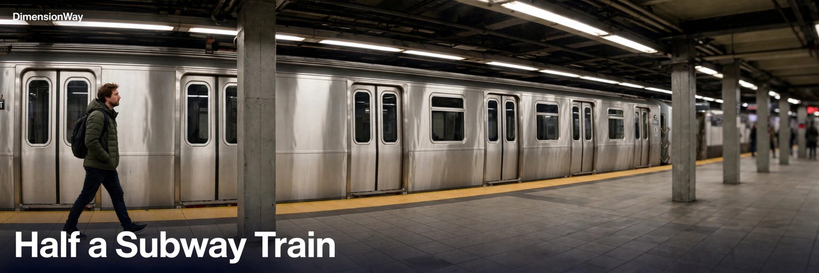 Person walking a subway platform alongside half of a 10-car train.