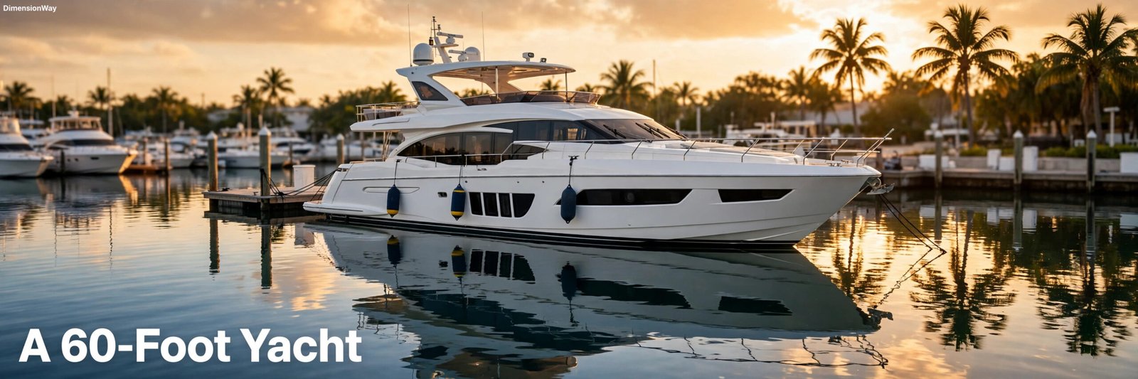 60-foot motor yacht at a marina dock at golden hour.