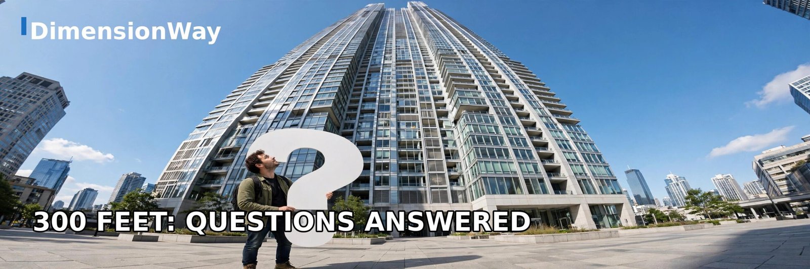 Person holding a large question mark sign at the base of a tall skyscraper.