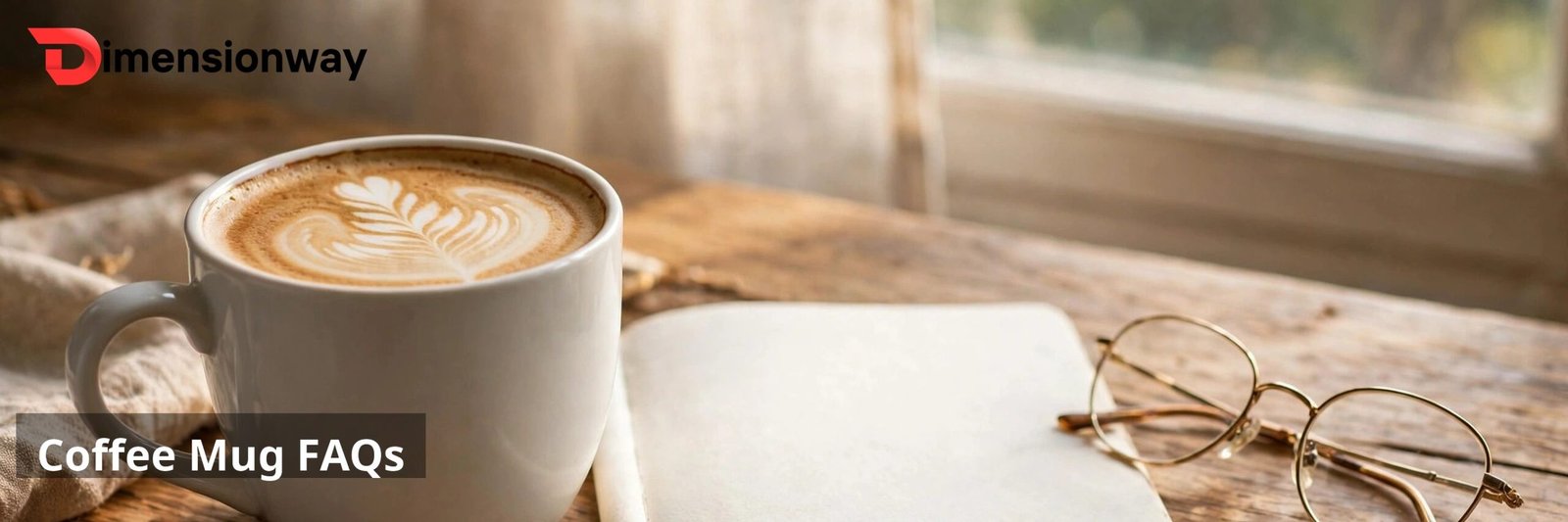 A cozy coffee scene with a mug, notebook, and reading glasses on a wooden table.