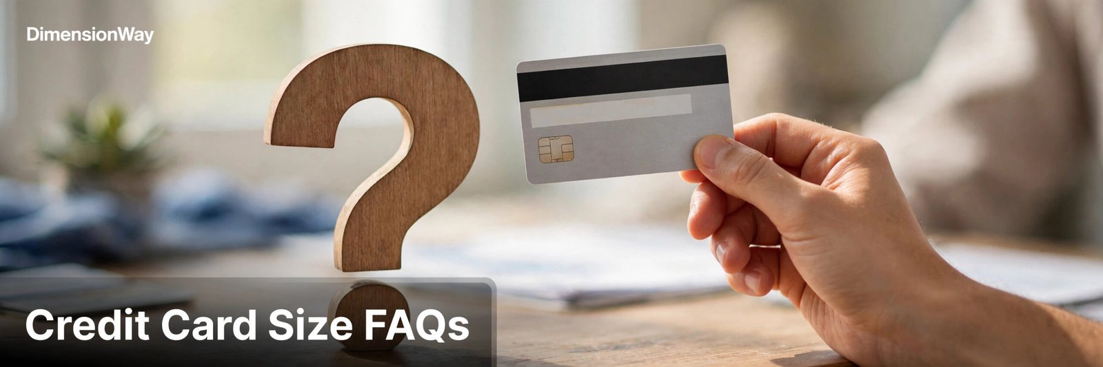 A hand holding a credit card up next to a large wooden question mark sign.